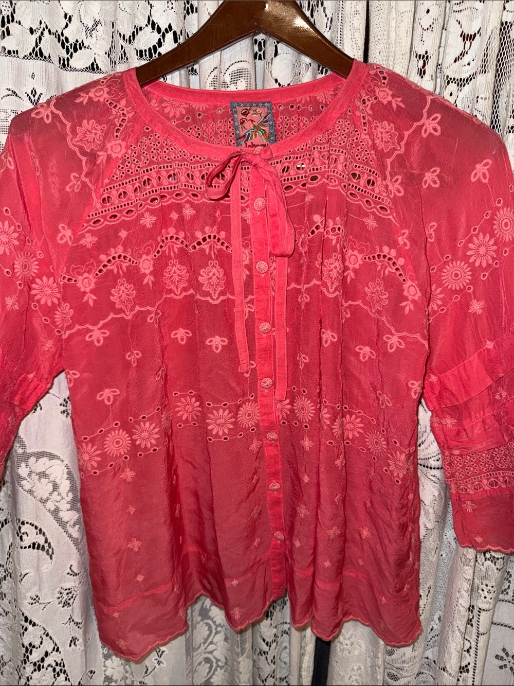 Johnny Was Coral Pink Embroidered Tie-Neck Blouse
